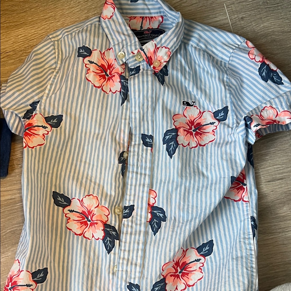Vineyard Vines Blue Striped Shirt with Red Floral Design
